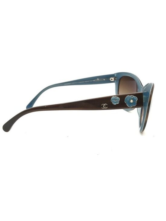 Chanel CC Logo Camellia Pearl Sunglasses Eyewear Blue Brown